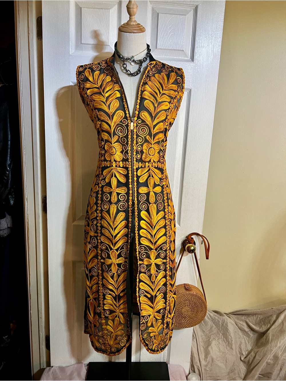 Custom Handmade Saffron Embroidered Silk Floral Ethnic Afghan Waistcoat Vest M/L